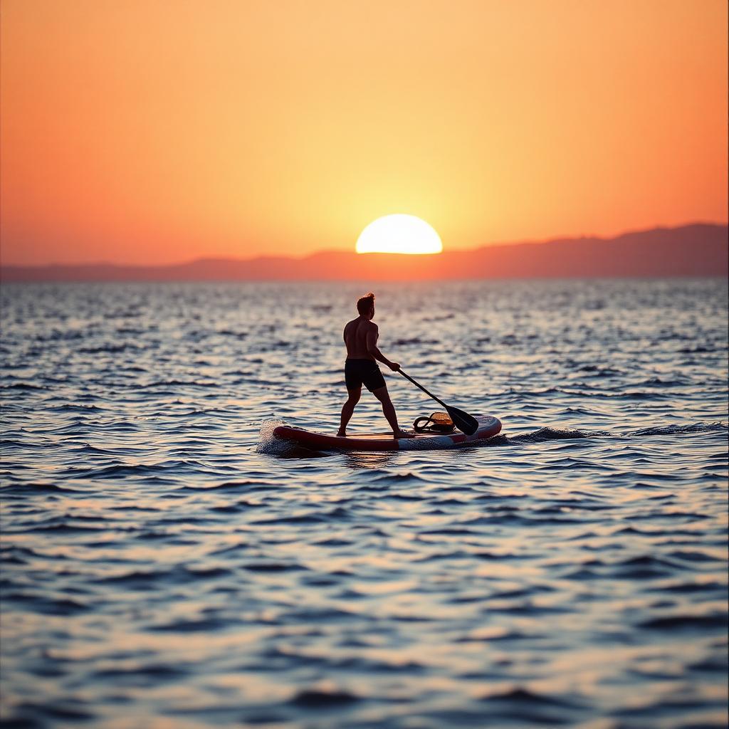 Persona remando con esfuerzo sobre una tabla de paddle al atardecer
