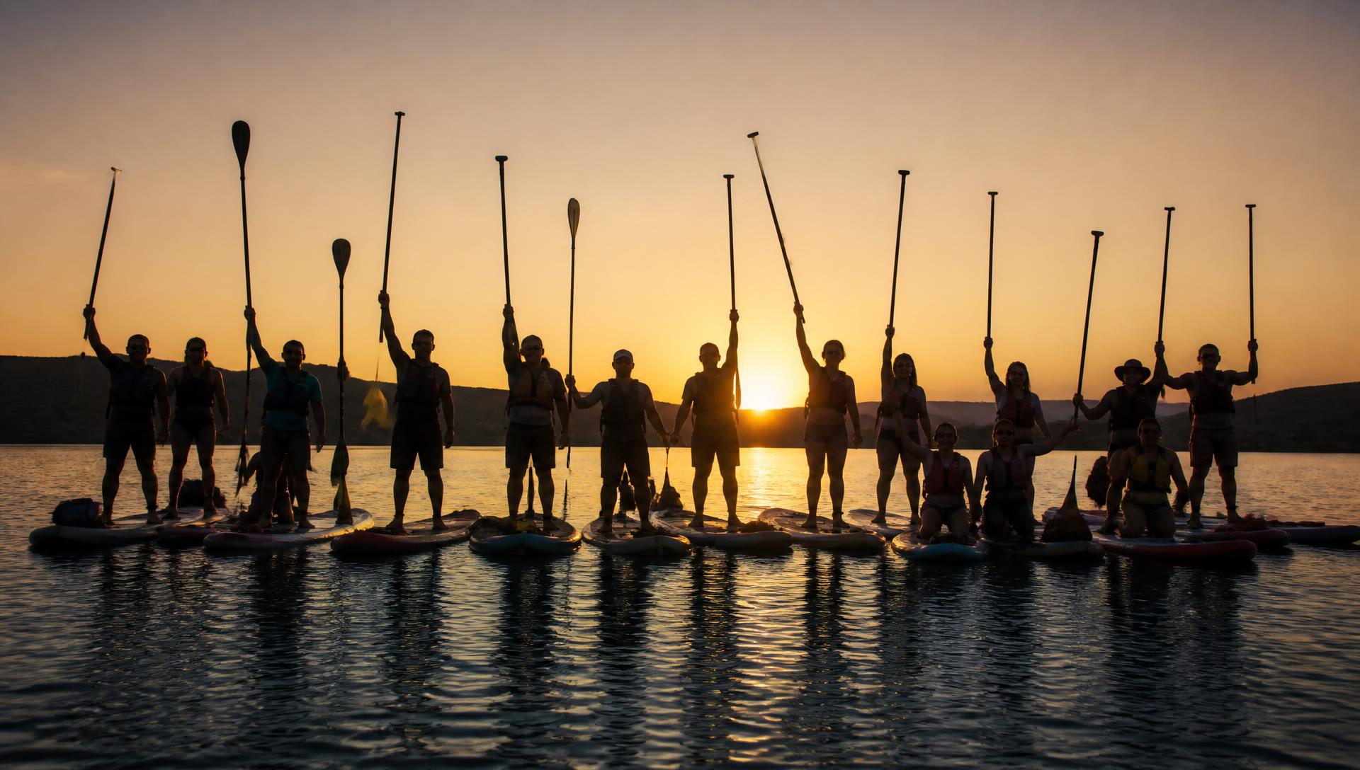 Grupo de personas sobre tablas de paddle celebrando juntas al atardecer sobre el agua en calma