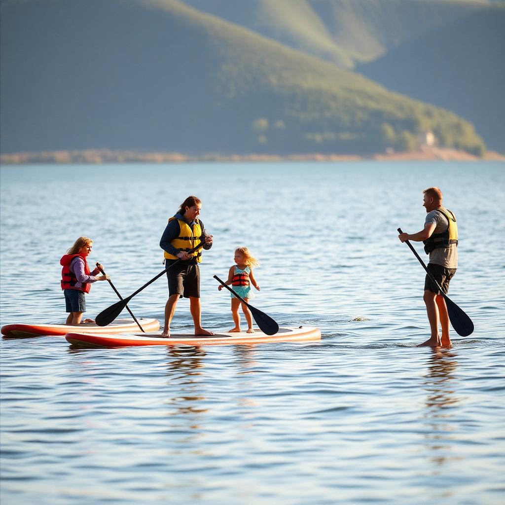 Instructor enseñando técnica básica de paddle a una familia en aguas poco profundas