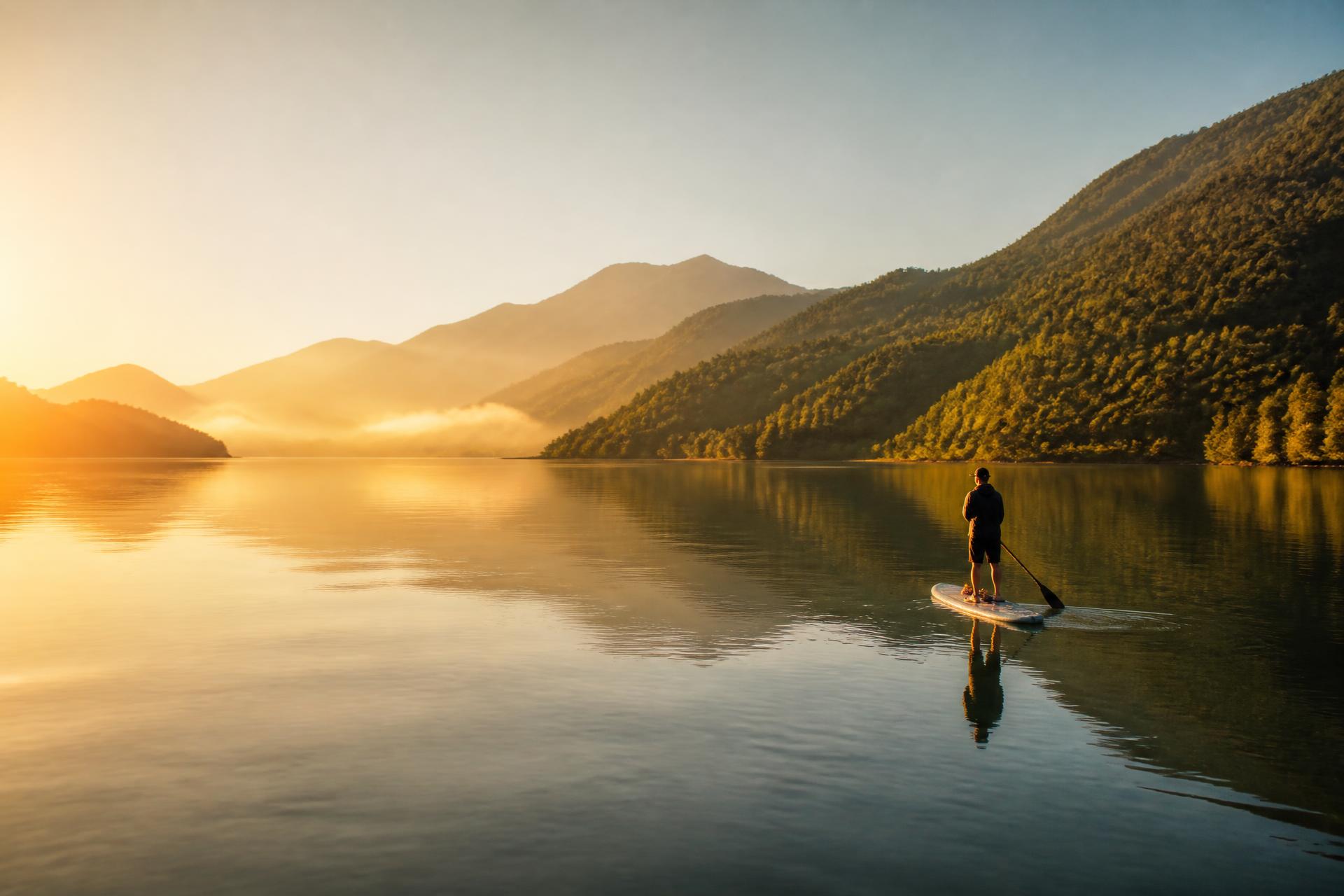 Persona practicando SUP Paddle Board al amanecer sobre las aguas tranquilas de la represa La Fe – Los Salados