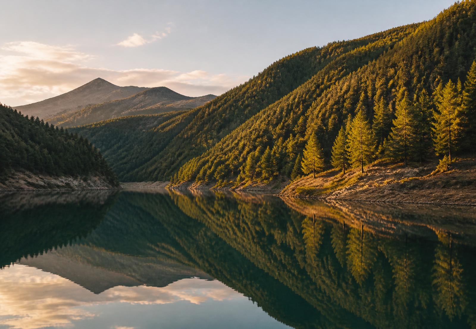 Paisaje de la represa La Fe – Los Salados: aguas en calma reflejando las montañas con luz cálida