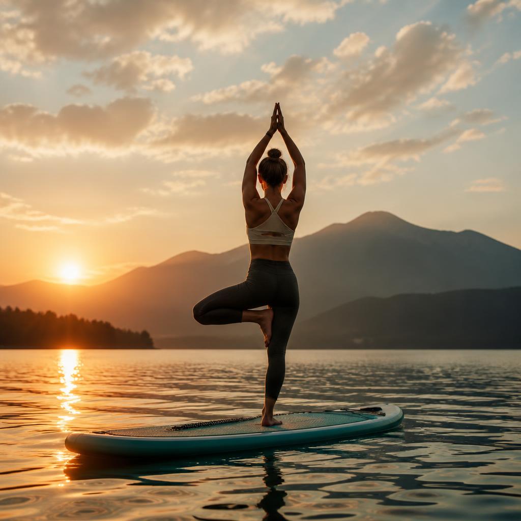 Persona en postura de yoga sobre una tabla de paddle al amanecer en aguas calmadas