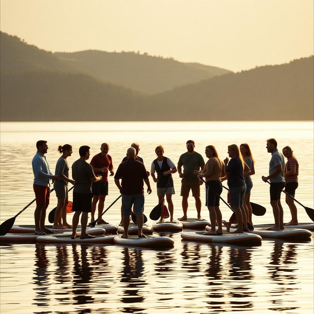 Equipo de trabajo sobre tablas de paddle en círculo durante una dinámica de integración